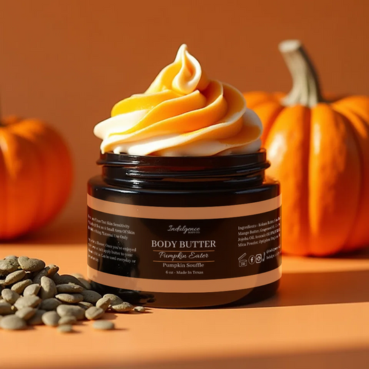 Jar of body butter with pumpkin spice flavor on an orange background