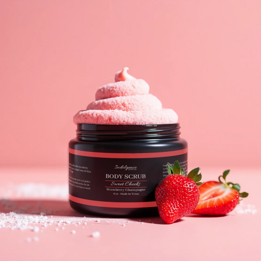 Jar of body scrub with strawberries on a pink background