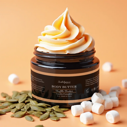 Jar of body butter with whipped cream on top, surrounded by pumpkin seeds and marshmallows on an orange background
