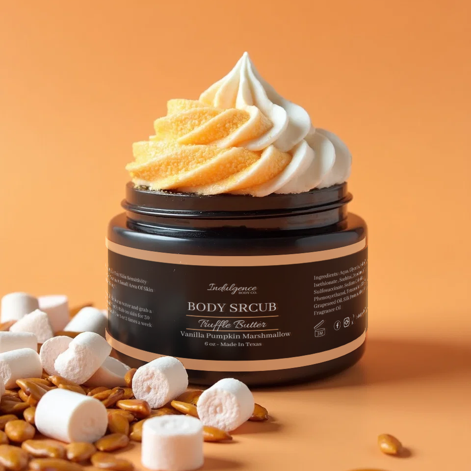 Jar of body scrub with whipped cream and candies on an orange background